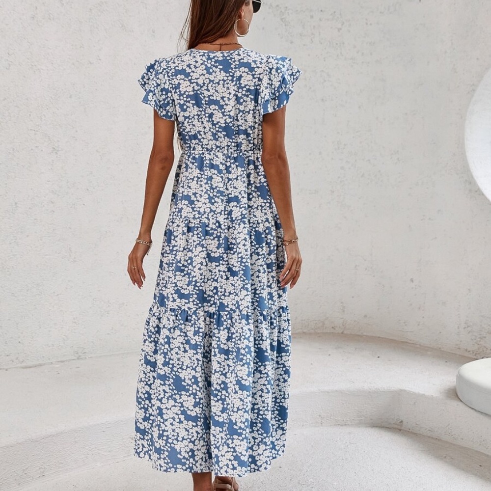 Boho Floral Butterfly Sleeve Dress V neck Blue 90s - Picture 4 of 14